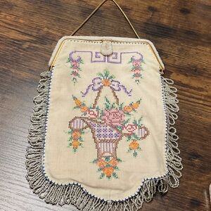 Vintage Embroidered Floral Purse with Fringe (handmade)